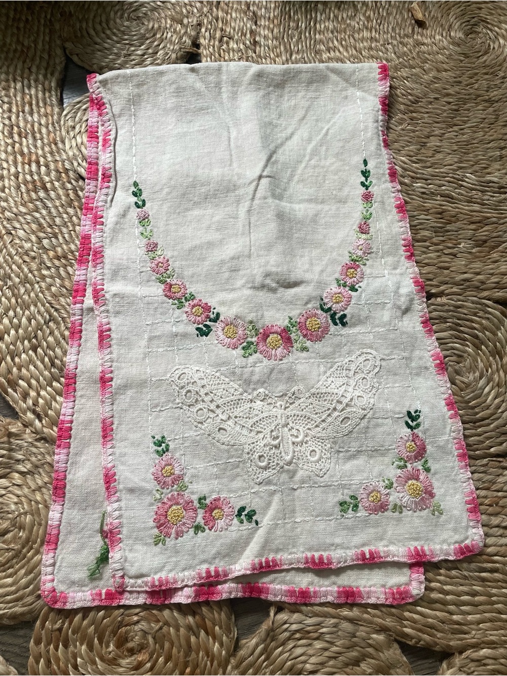 Vintage Embroidered Cotton Table Runner Butterfly Pink White
